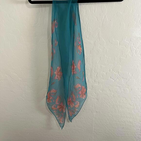 Vintage Vana Turquoise Pink Floral‎ Design Scarf Rayon Silk Japan 69x8.5 In - Picture 1 of 7